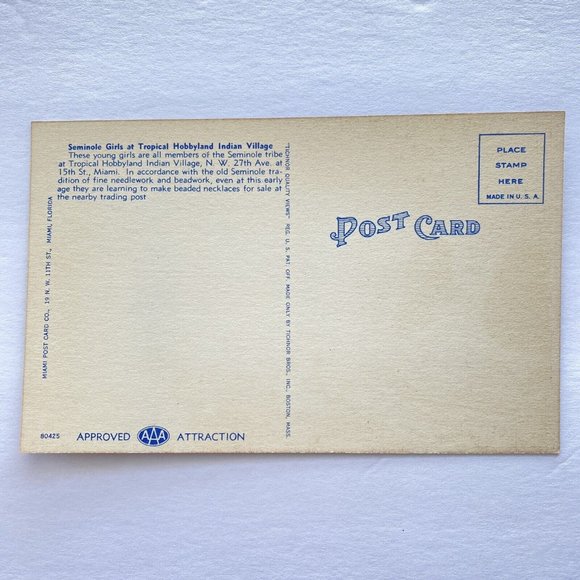 c1940 Seminole Indian Children Tropical Hobbyland Miami Linen Postcard NOS - Picture 4 of 4